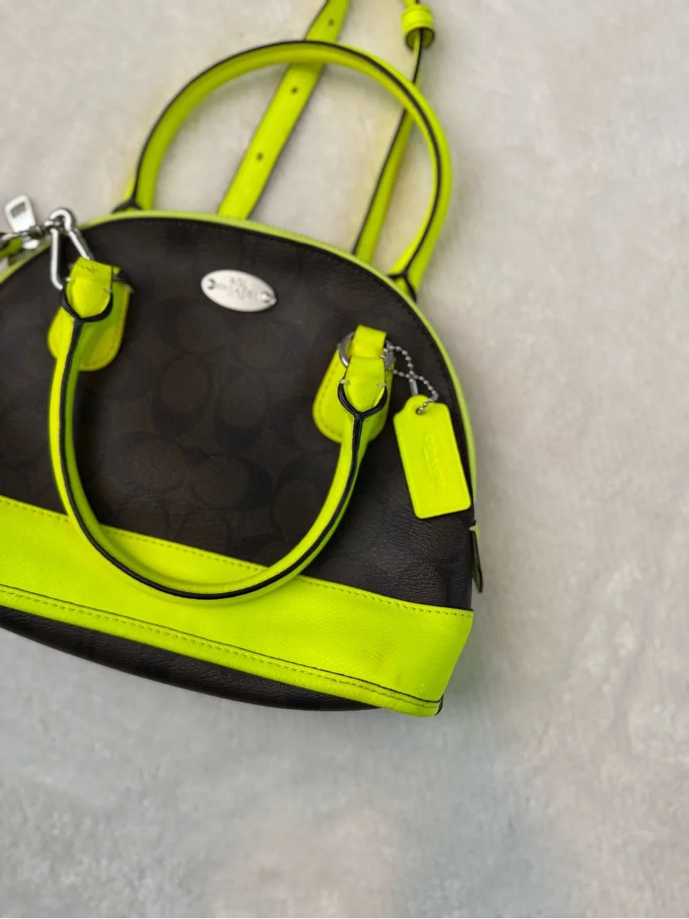 Coach Mini Dome Satchel in Neon Lime/Brown Logo Leather